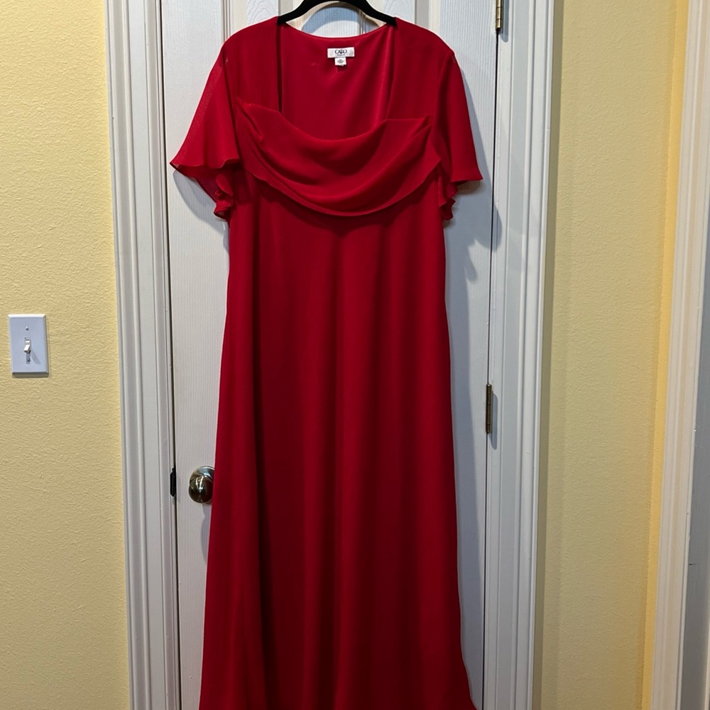 Womens Red Chiffon Drape Cowl Neck Maxi Dress Sz 18W Festive Modest Fairy Flowy